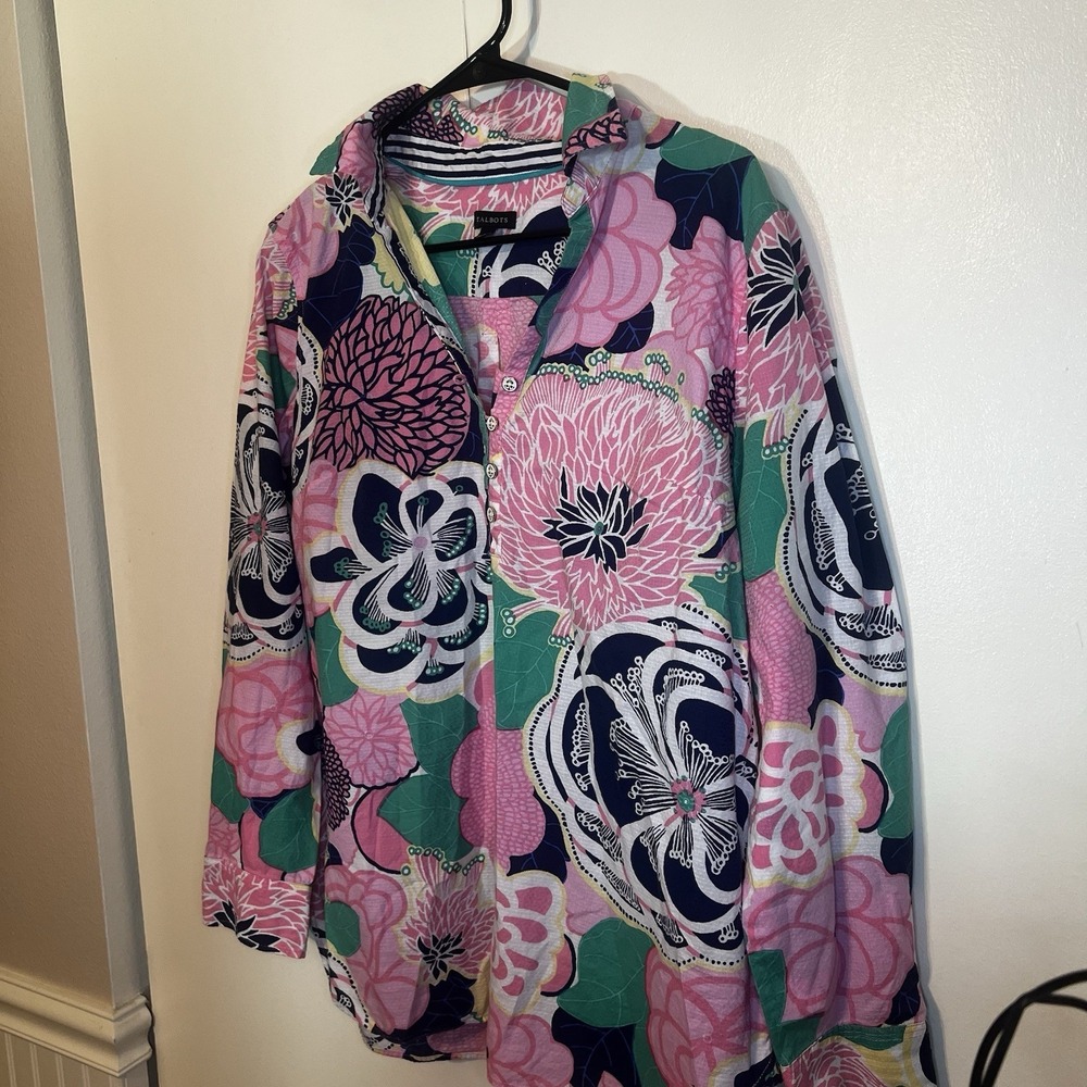 Talbots Popover Tunic Shirt Women's Size L Floral Cotton Lightweight Casual Pink